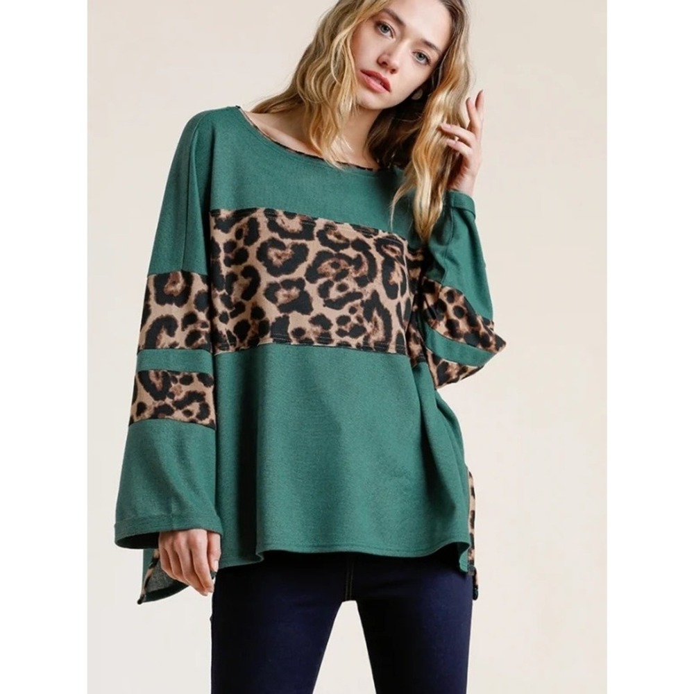Umgee USA Small Relaxed Oversized Green Leopard Trim Top Fall Fashion
